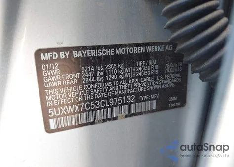 2012 BMW X3 xDrive35I from USA, damaged, VIN 5UXWX7C53CL975132